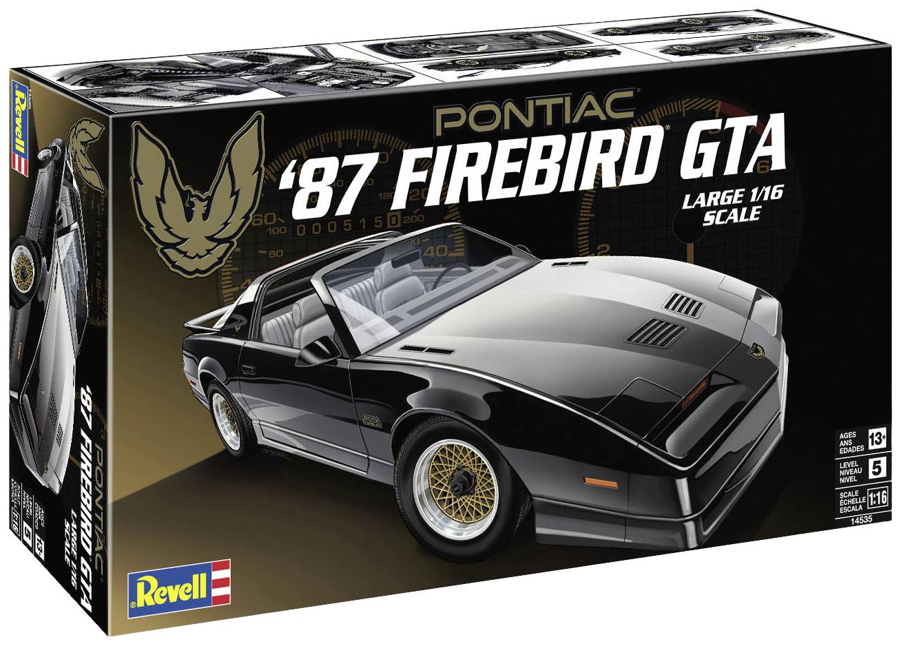 Zestaw modelarski Pontiac '87 Firebird GTA w skali 1:16, przedstawiony na przedniej stronie opakowania firmy Revell, z złotymi detalami.
