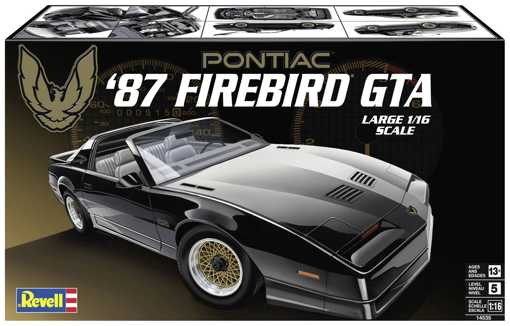 Zestaw modelarski samochodu Pontiac Firebird GTA z 1987 roku w kolorze czarnym, skala 1:16. Szczegółowe grafiki i informacje na opakowaniu.