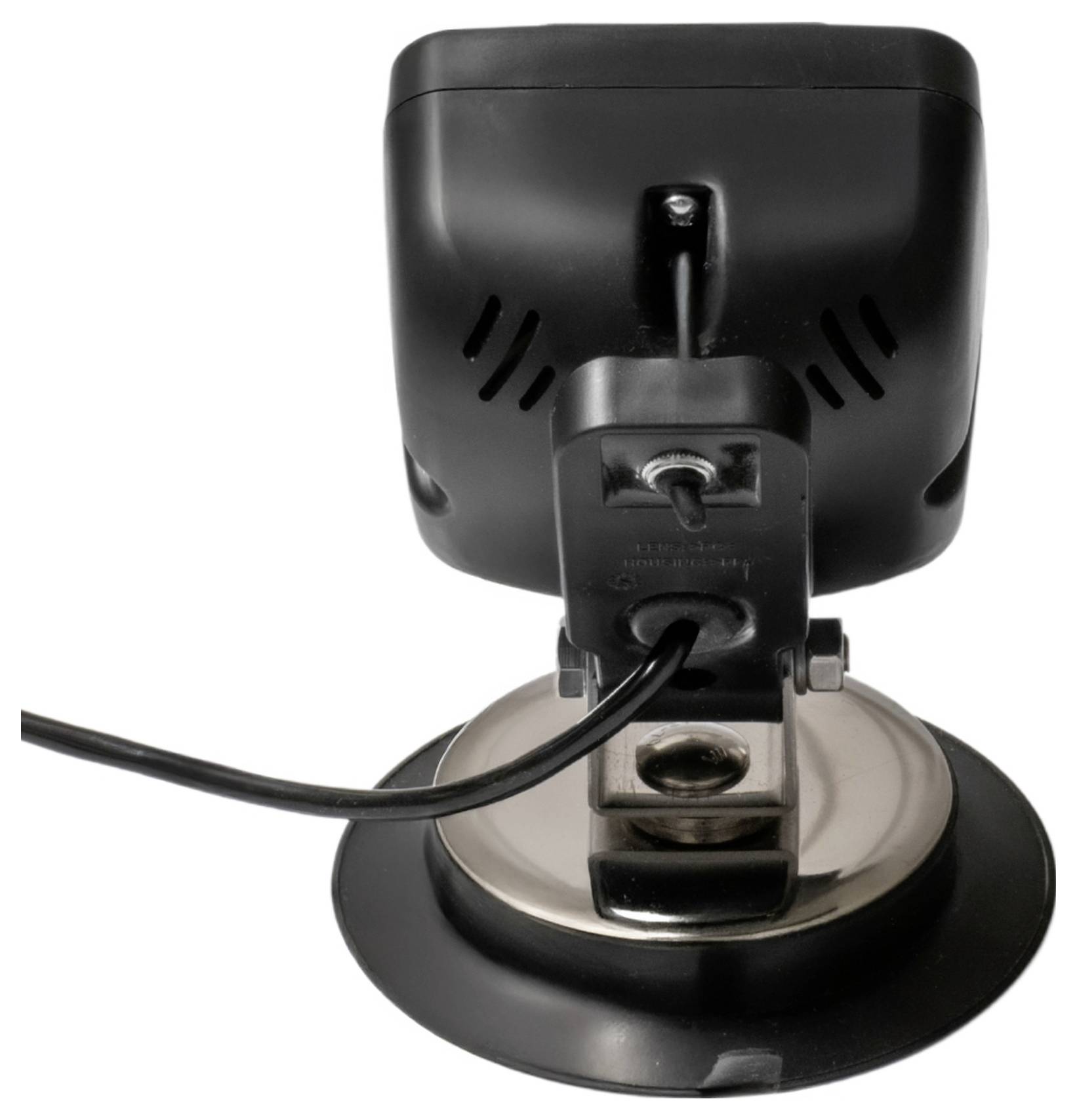 Widok z tyłu małej czarnej kamery na uchwycie z przyssawką z podłączeniem kabla.
