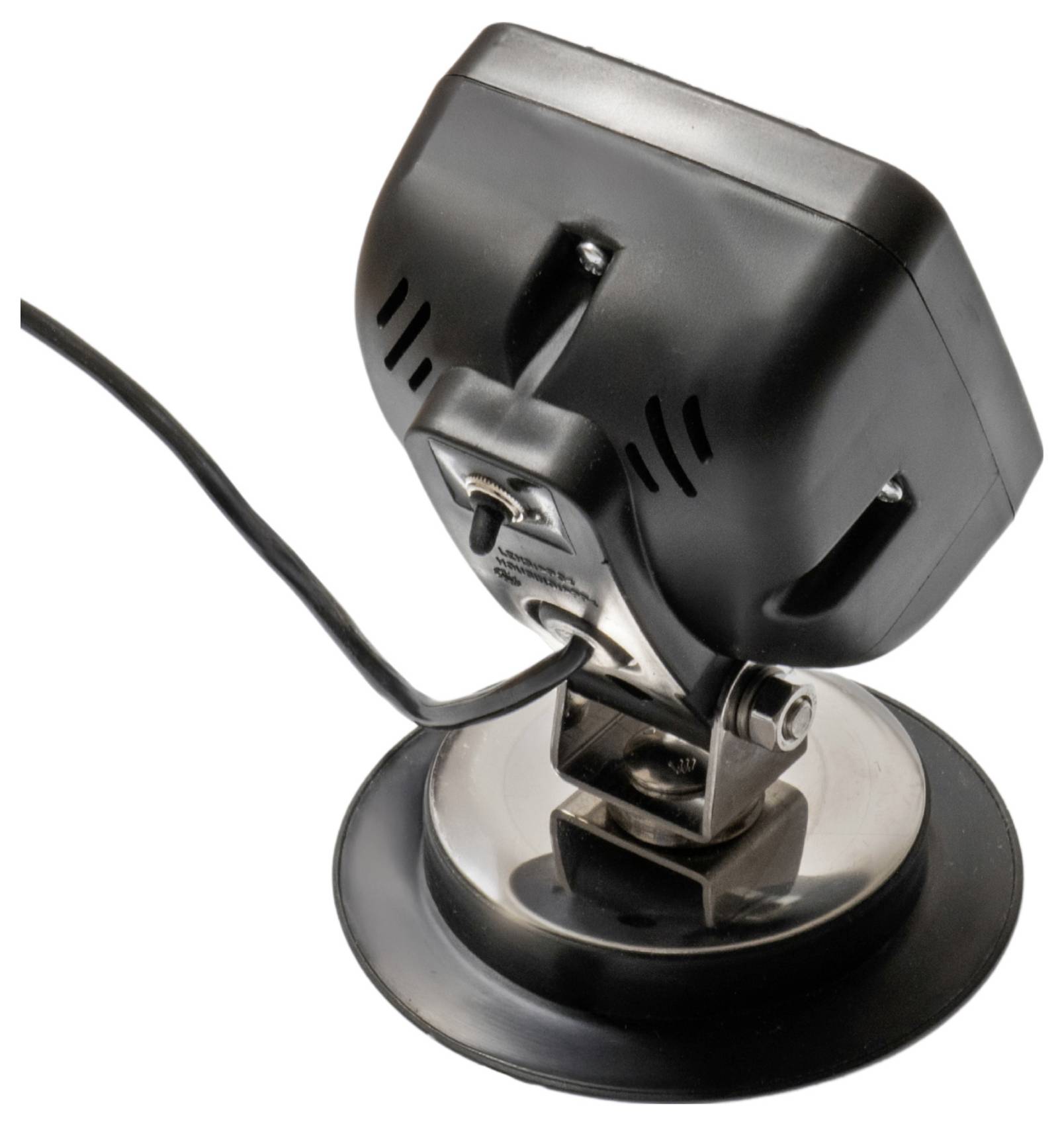 Mała, czarna kamera z kablem na okrągłej podstawie, prawdopodobnie do monitoringu.