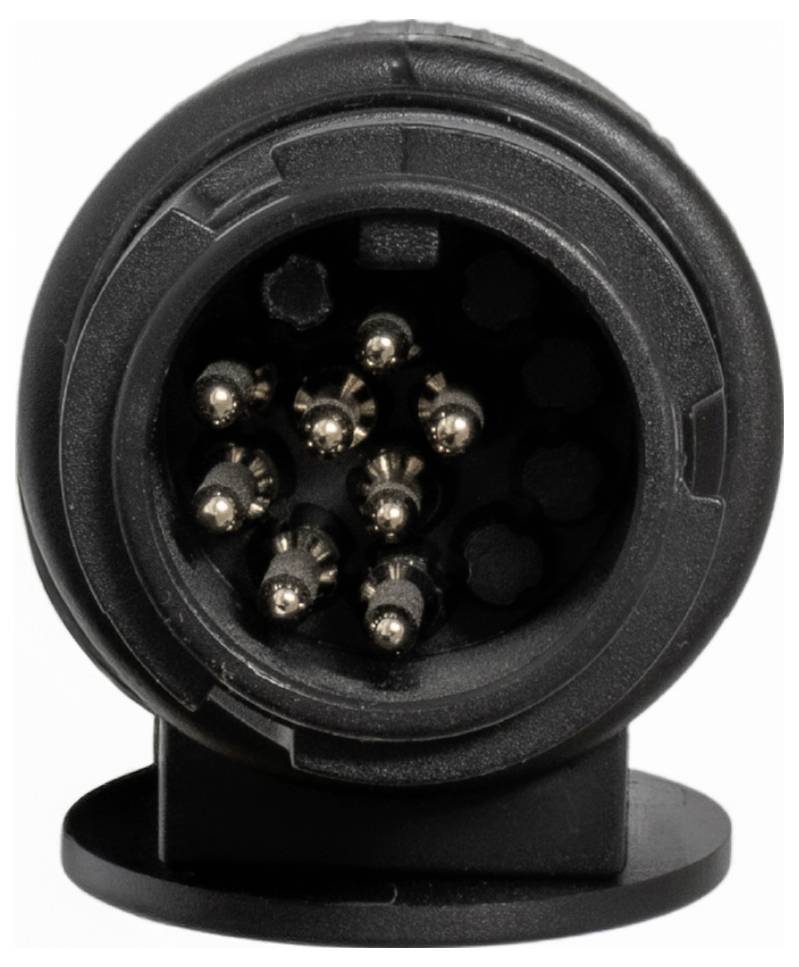 Czarne okrągłe gniazdo wtykowe z siedmioma metalowymi pinami, typowo używane do haka holowniczego w pojazdach.