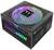 Zasilacz Thermaltake Toughpower GF2 ARGB 650W z podświetleniem RGB. Prezentuje kolorowe efekty świetlne na górnej powierzchni.