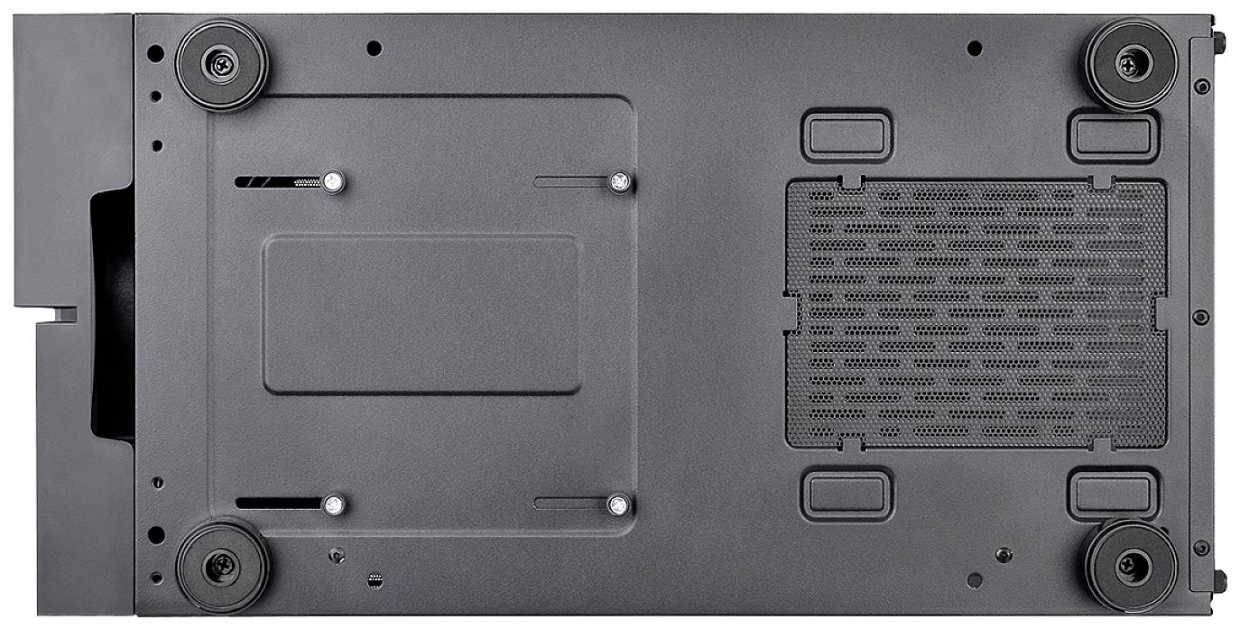 Dolny widok czarnego urządzenia elektronicznego z czterema gumowanymi stopkami, otworami wentylacyjnymi i punktami montażowymi.