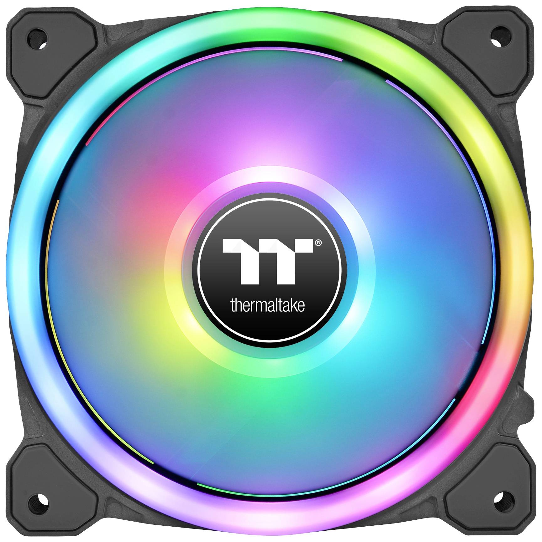 Wentylatory Thermaltake z podświetleniem RGB LED w różnych kolorach, rozmieszczone w kształcie koła.