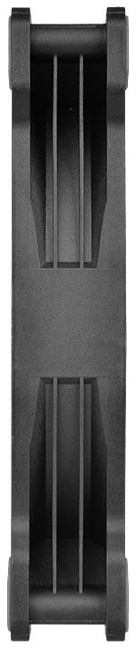 Czarny, prostokątny obiekt o symetrycznym wzorze i pionowych szczelinach. Prawdopodobnie element techniczny lub mechaniczny.