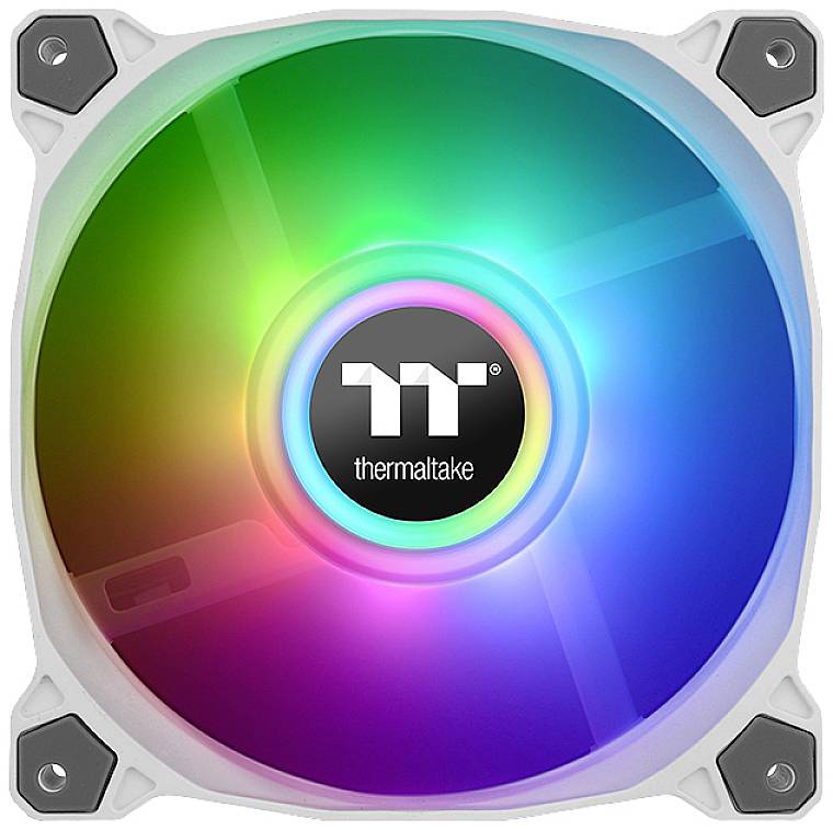 Wentylator komputerowy RGB Thermaltake z podświetleniem w kształcie koła, z logo marki pośrodku.