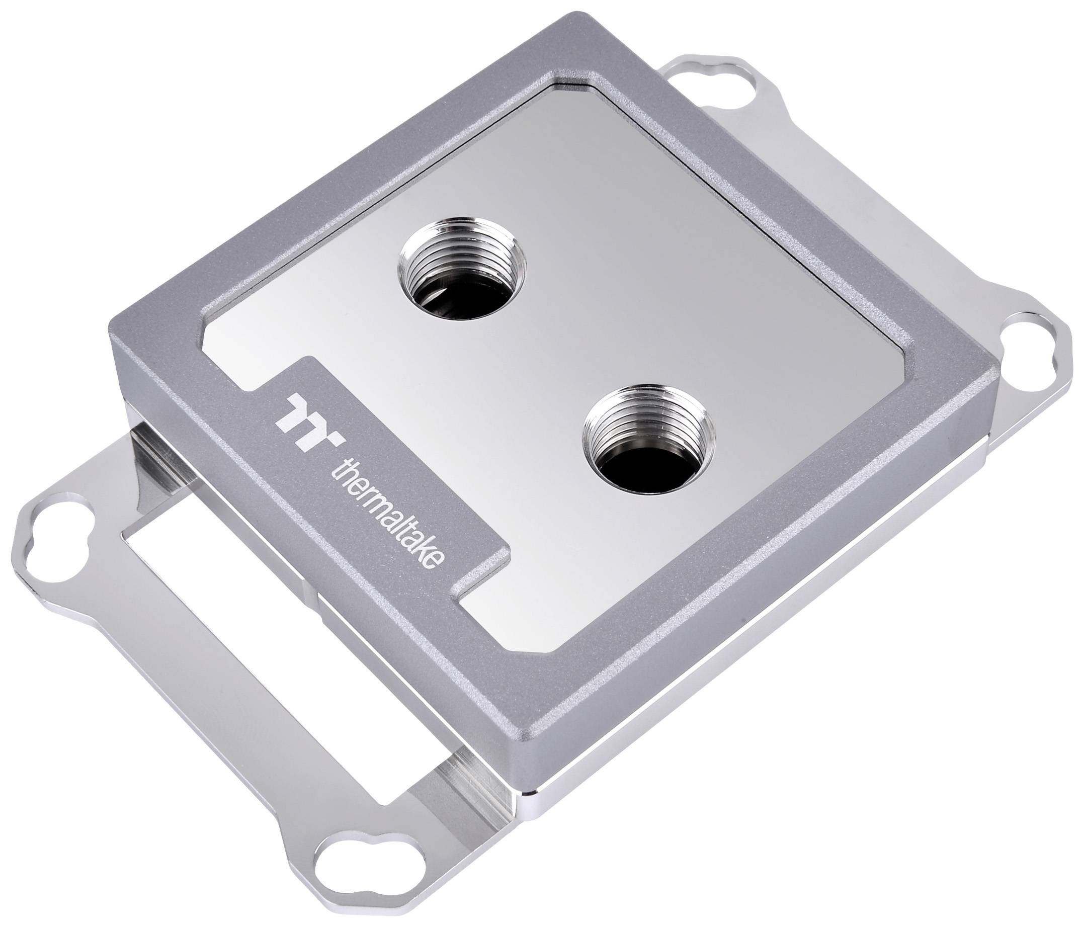 Srebrny blok radiatora z dwoma przyłączami na górze oraz logo 'thermaltake' w rogu, służący do chłodzenia podzespołów komputerowych.