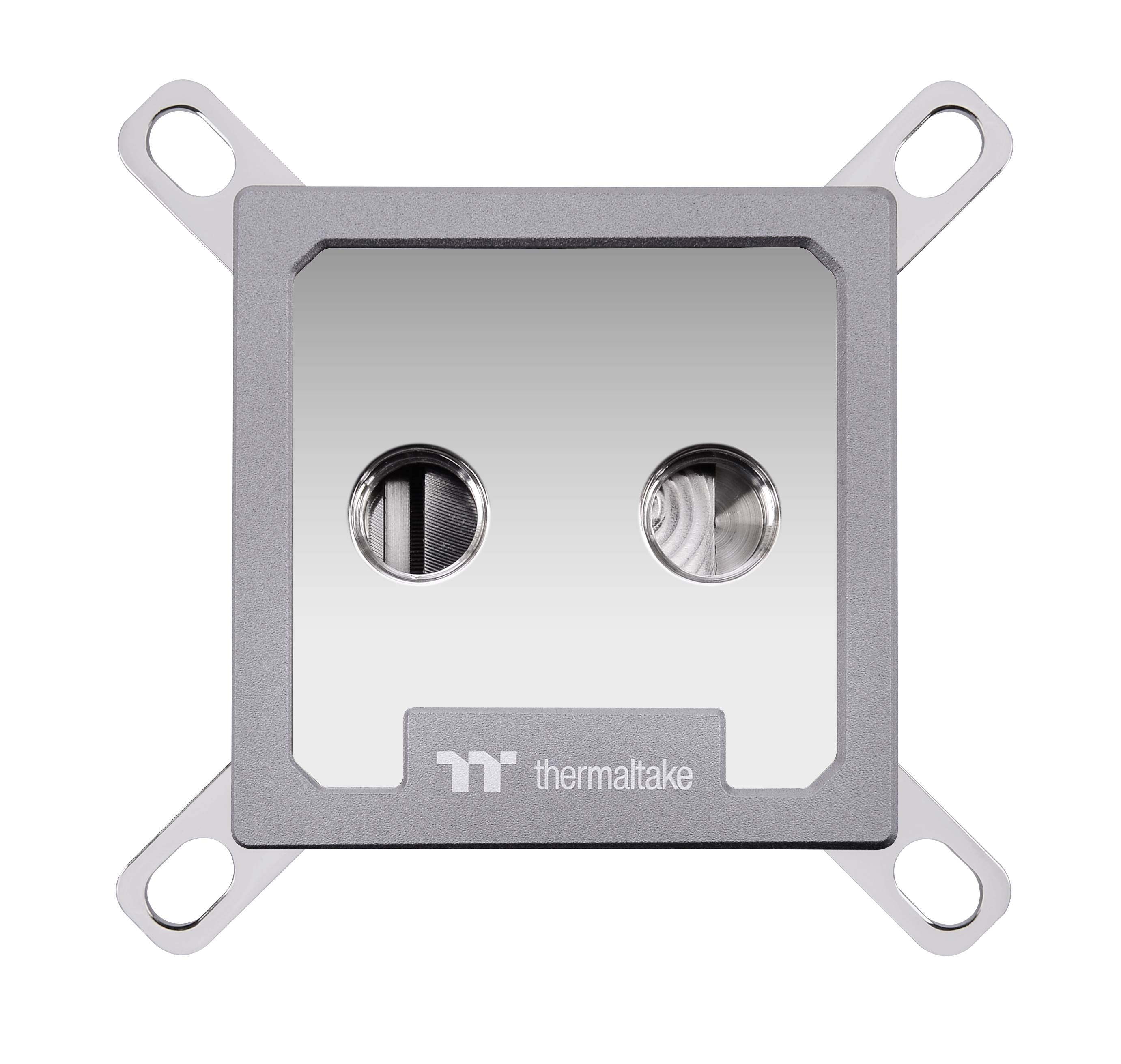 Blok chłodzenia wodnego w kształcie kwadratu, z dwoma okrągłymi przyłączami pośrodku i logo 'Thermaltake' na dole.