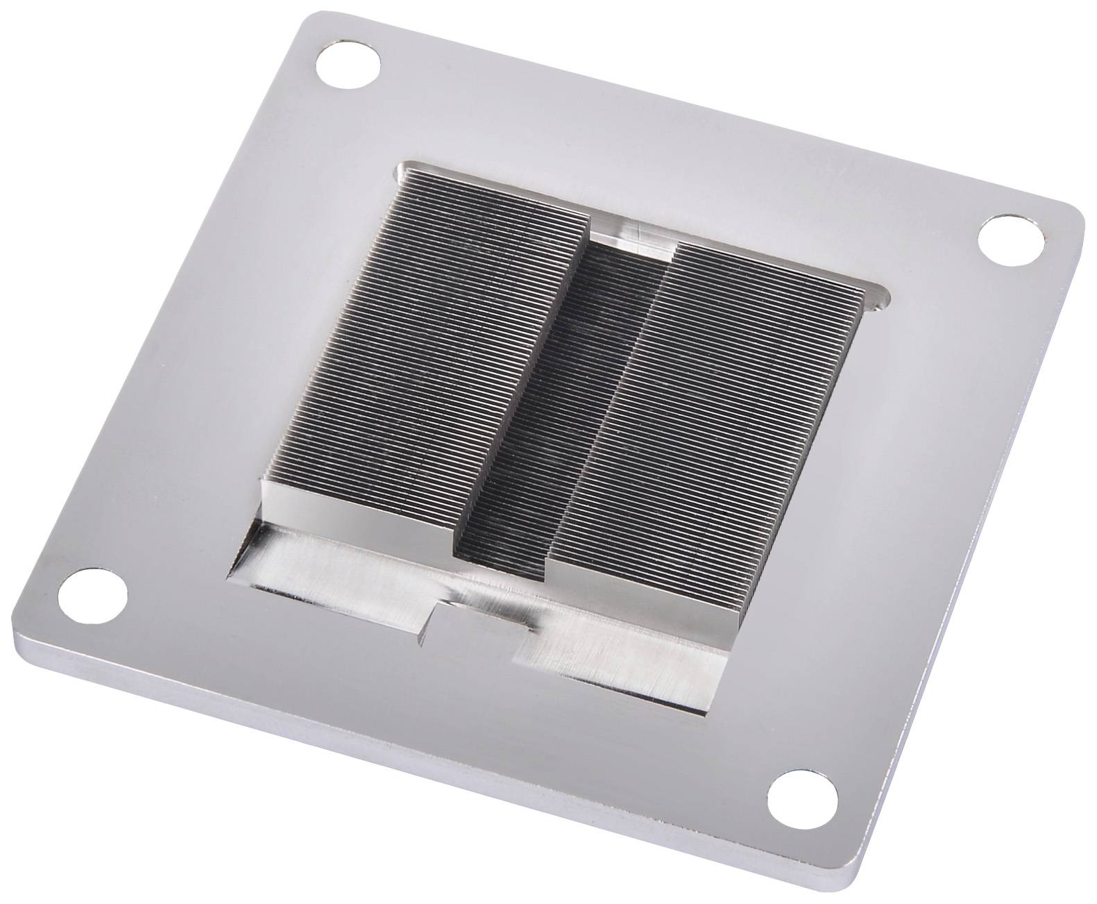 Prostokątny metalowy radiator z równoległymi żeberkami, zamontowany w kwadratowej ramie z czterema otworami na śruby w narożnikach.