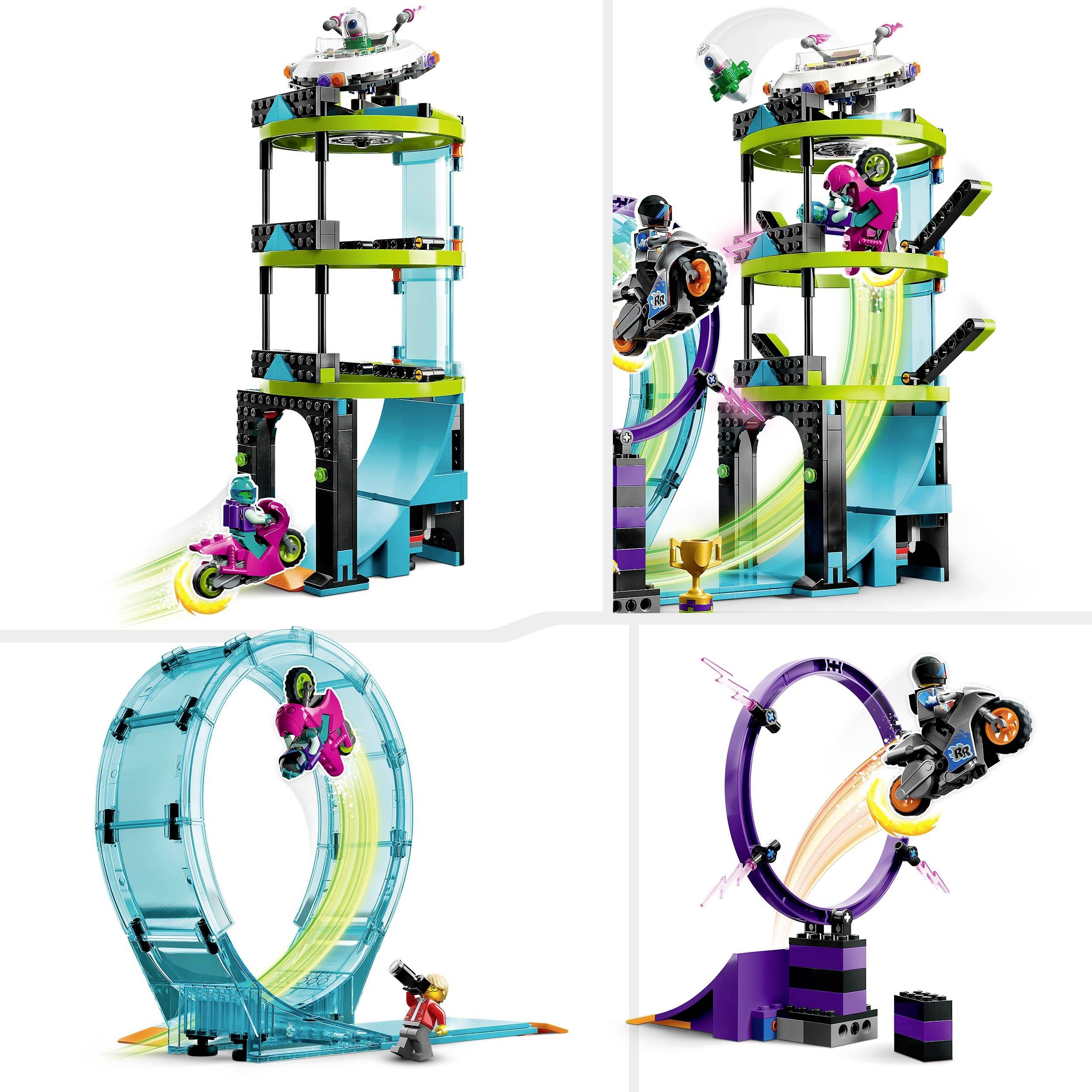 Zestaw klocków przedstawia kolorowe elementy budowlane z podjazdami i oponami. Postacie na motocyklach wykonują akrobacje i skoki.