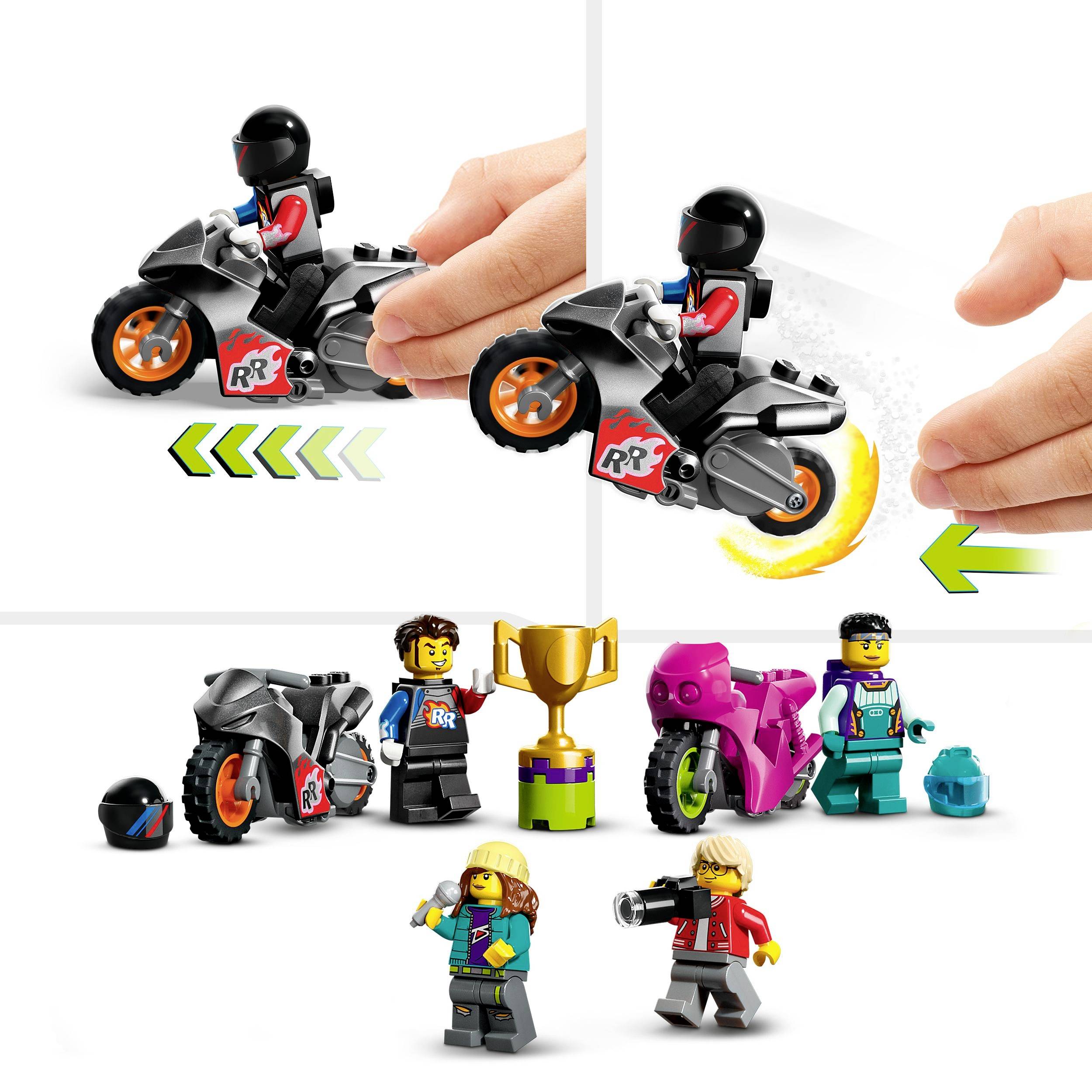 Zabawkowe motocykle wyścigowe w kolorach czarnym i różowym z wymiennymi figurkami kierowców. Dłoń pokazuje, jak poruszać czarnym motocyklem.