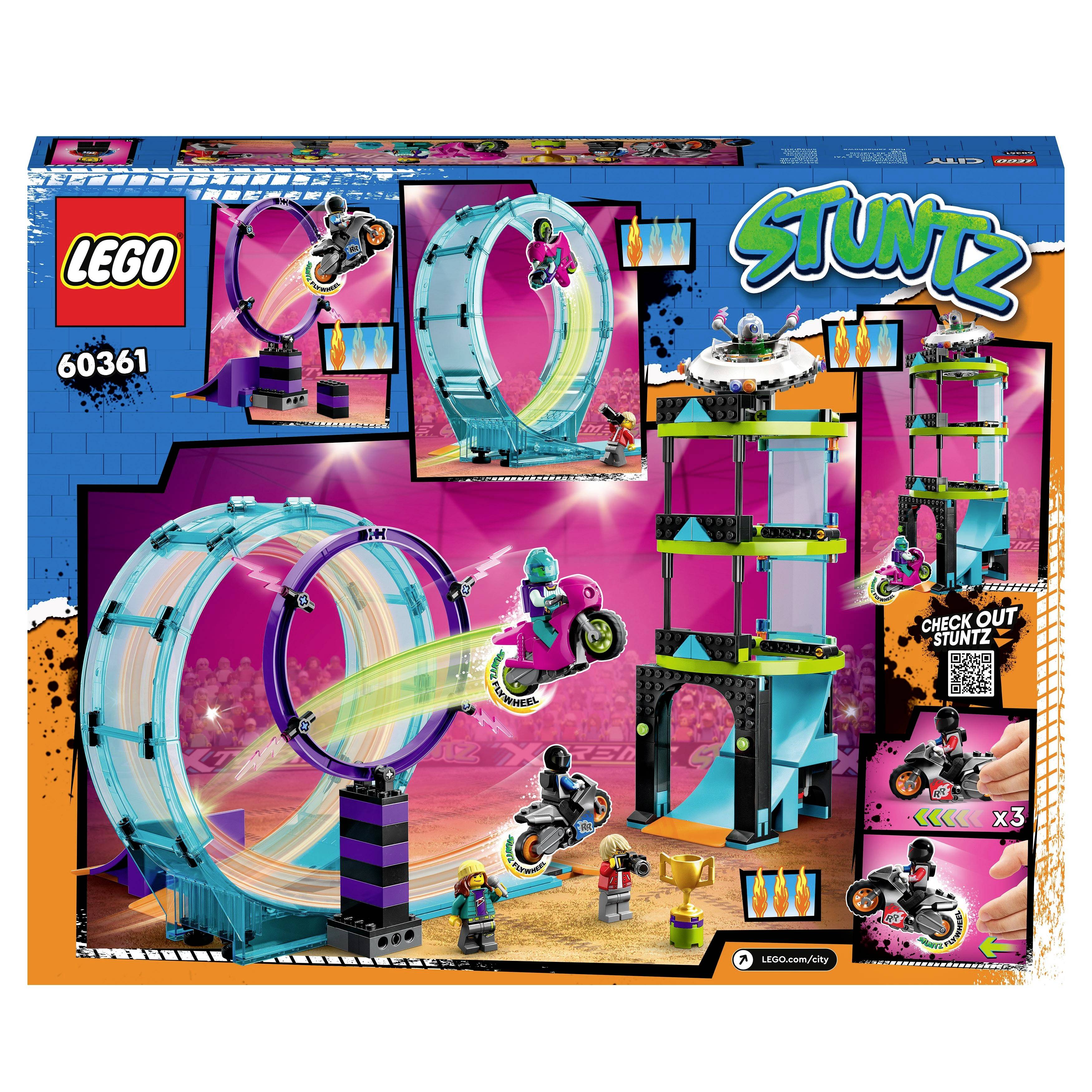 Zestaw LEGO ze stunterem, pętlą, rampami i trzema figurkami. Zawiera kolorowe motocykle i przeszkody do wykonywania akrobatycznych sztuczek.
