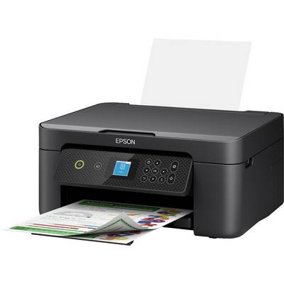 Czarny drukarka wydająca kolorowo zadrukowaną kartkę papieru. Podajnik papieru z góry, nazwa marki 'Epson' z przodu.