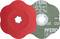 Czerwona tarcza ścierna z falistym szlifem obok zielonego widoku z tyłu z logo konia i tekstem technicznym.