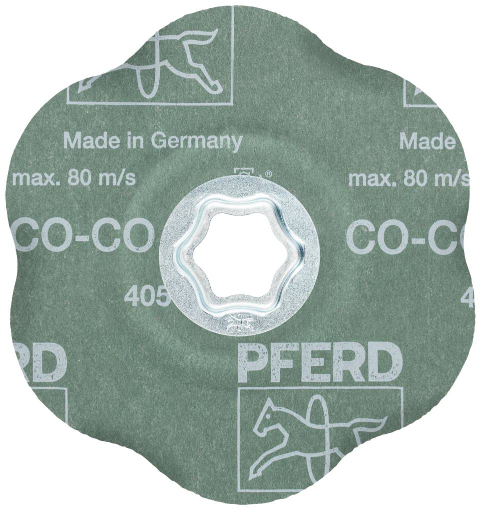 Zielona tarcza szlifierska z logo konia i napisem 'Made in Germany', maksymalnie 80 m/s, od marki PFERD.