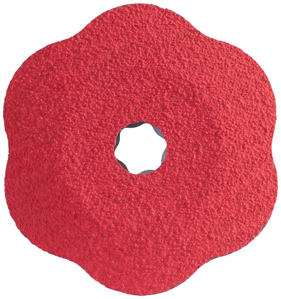 Czerwony strukturowany uchwyt wspinaczkowy w kształcie kwiatu z otworem pośrodku, powszechnie stosowany na sztucznych ściankach wspinaczkowych w pomieszczeniach.