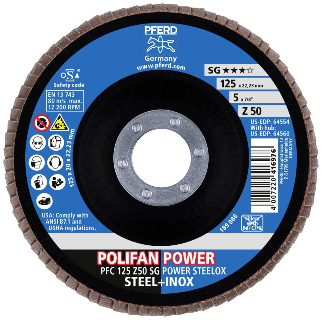 Tarcza szlifierska PFERD (Polifan Power), PFC 125 Z50 SG, odpowiednia do stali i stali nierdzewnej, z kodem bezpieczeństwa, o średnicy 125 mm.