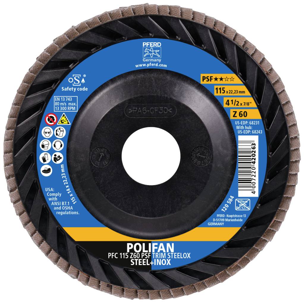 Tarcza szlifierska z niebieską etykietą, przedstawiająca markę 'Polifan'. Szczegóły dotyczące rozmiaru, PSF**, oraz materiału przeznaczonego do stali i stali nierdzewnej, z certyfikatami bezpieczeństwa USA i UE.
