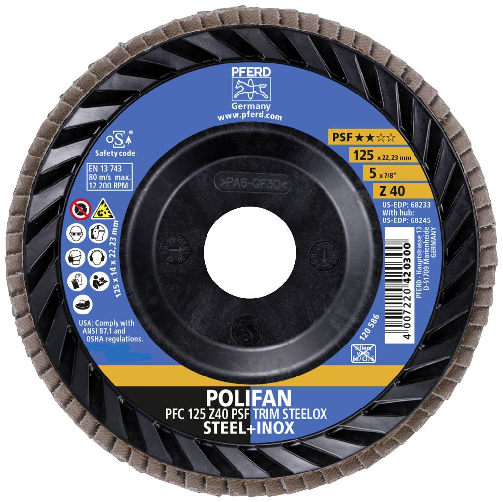Tarcza szlifierska z napisem 'POLIFAN PFC 125 Z40 PSF TRIM STEELOX STEEL+INOX', odpowiednia do stali i stali nierdzewnej, o średnicy 125 mm.