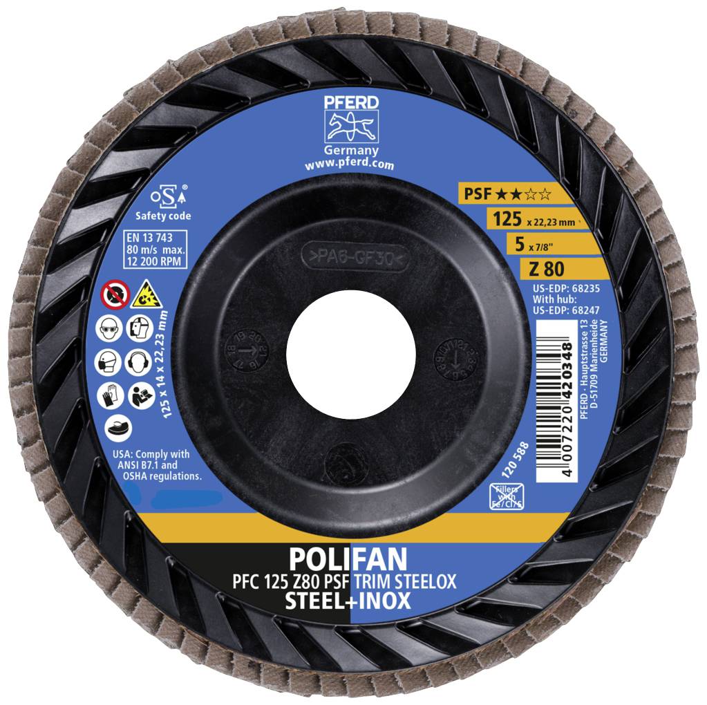 Tarcza szlifierska marki PFERD, model POLIFAN PFC 125 Z80 PSF, odpowiednia do stali i stali nierdzewnej, prezentuje informacje o produkcie i szczegóły bezpieczeństwa.