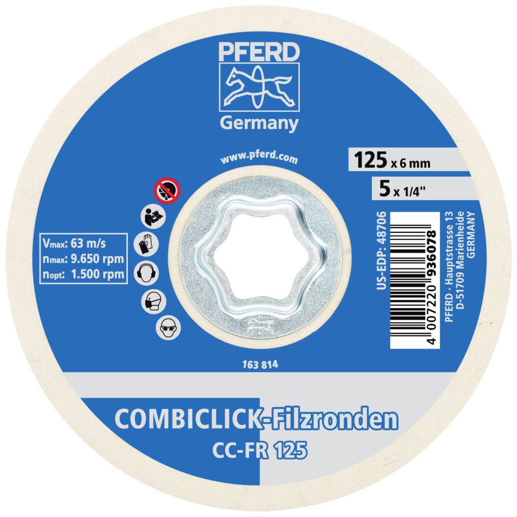 Tarcza ścierna COMBICLICK-Filzronden CC-FR 125 w kolorze niebiesko-białym, 125 x 6 mm, z informacjami o prędkości obrotowej, kompatybilności maszynowej i szczegółach producenta.