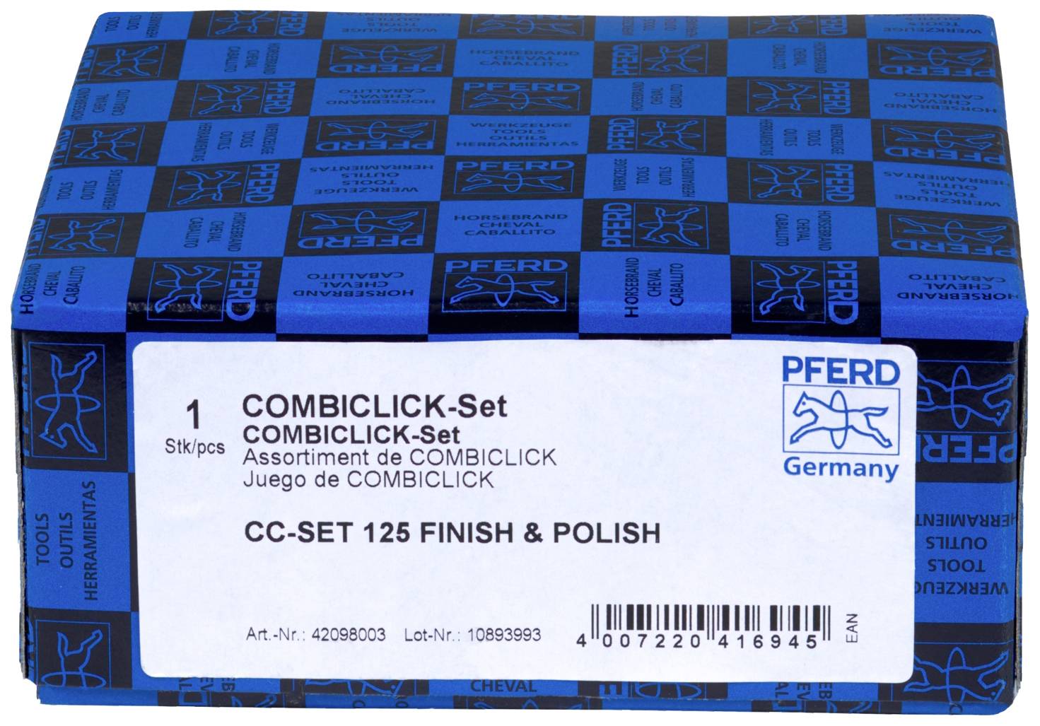 Opakowanie zestawu narzędzi do obróbki powierzchni 'COMBICLICK-Set CC-SET 125 FINISH & POLISH'. Producent: Pferd, Niemcy.