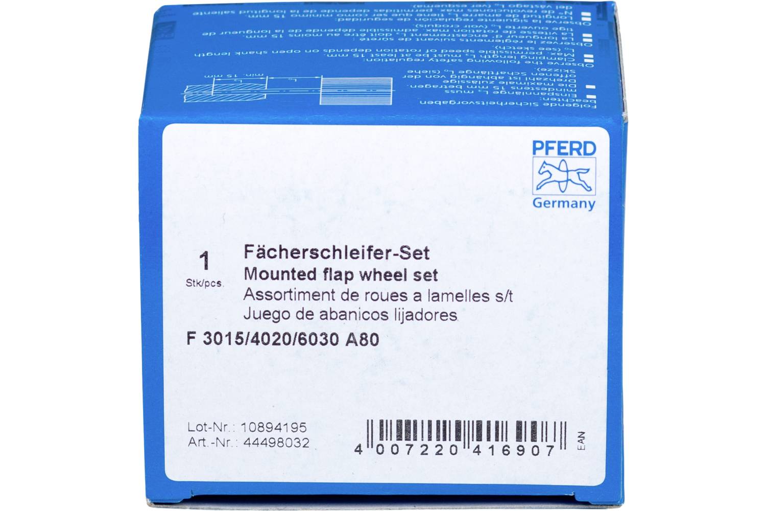 Kartonowe pudełko zestawu tarczy szlifierskiej firmy 'PFERD Germany', zawierające informacje o produkcie w kilku językach oraz kody kreskowe.