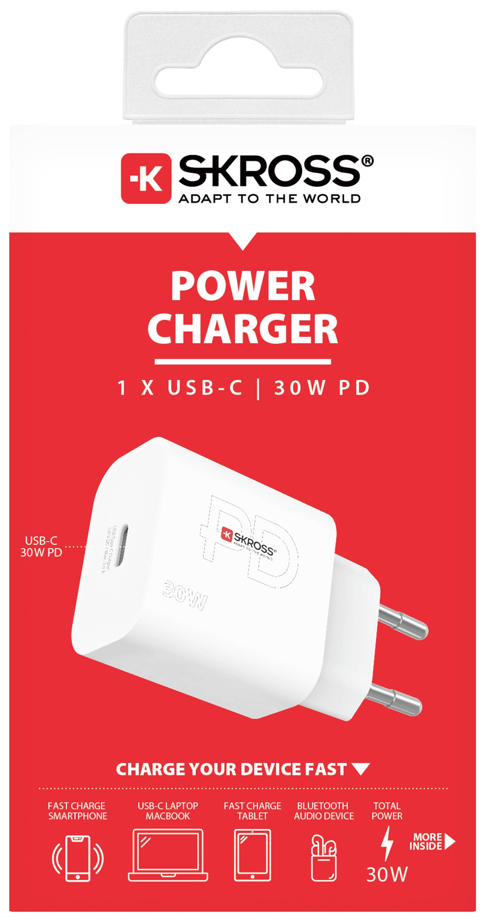 Ładowarka 'SKROSS Power Charger', biała ładowarka z gniazdem USB-C o mocy 30W, odpowiednia dla smartfonów, laptopów i urządzeń Bluetooth.