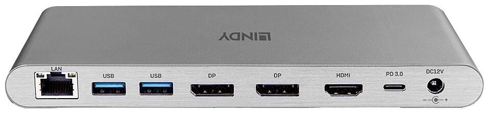 Srebrny hub USB z portami LAN, USB, DisplayPort, HDMI oraz USB-C.