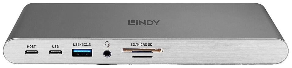 Stacja dokująca USB-C firmy LINDY z portami dla hosta, USB, USB/PD 3.0, audio oraz kart SD/MicroSD. Idealna do kompleksowego podłączania urządzeń.