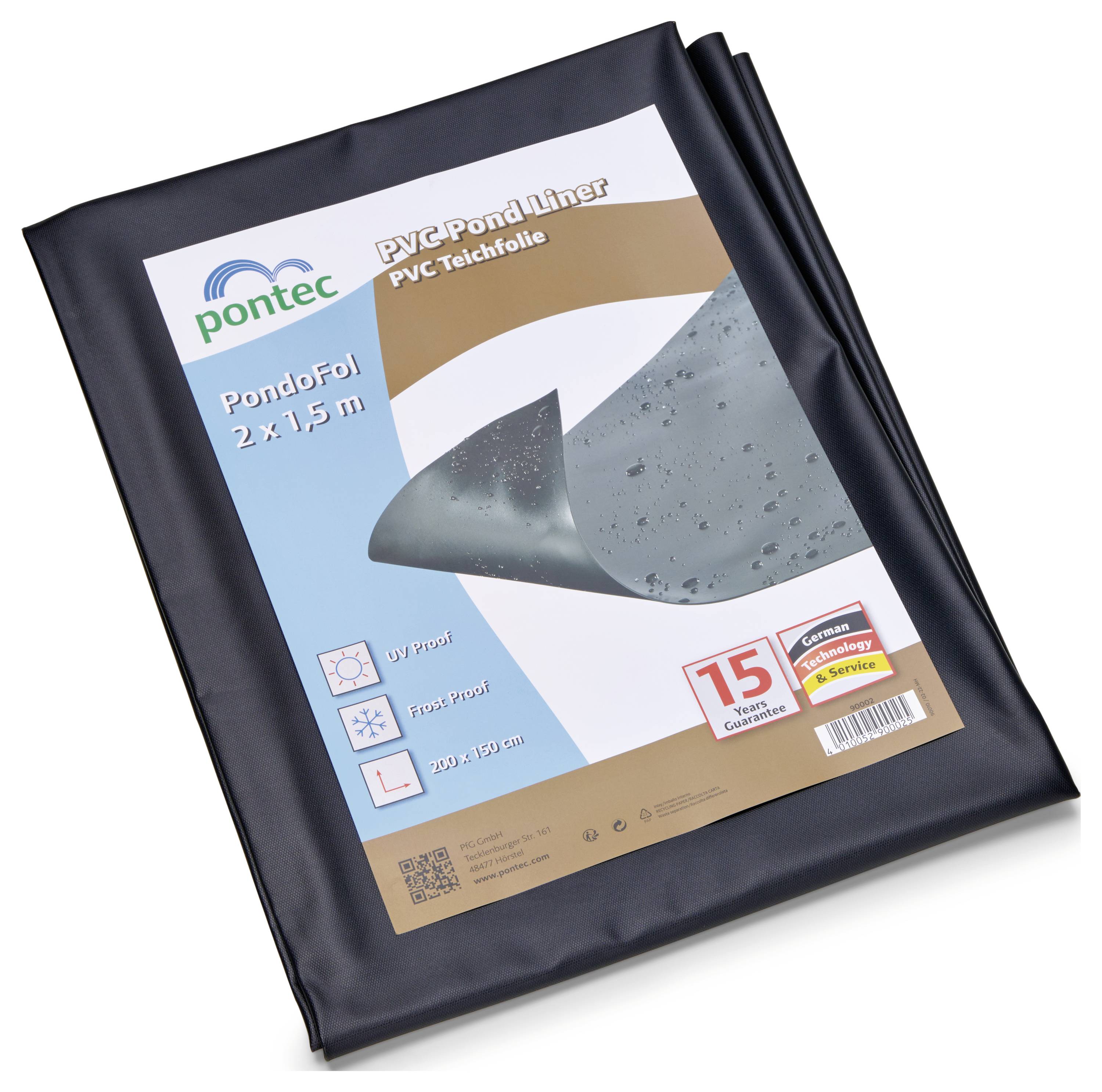 Folia do oczka wodnego PVC z logo 'PondoFol', o wymiarach 2 x 1,5 m, z ikonami odporności na promieniowanie UV i mróz oraz pieczęcią gwarancji 15-letniej.