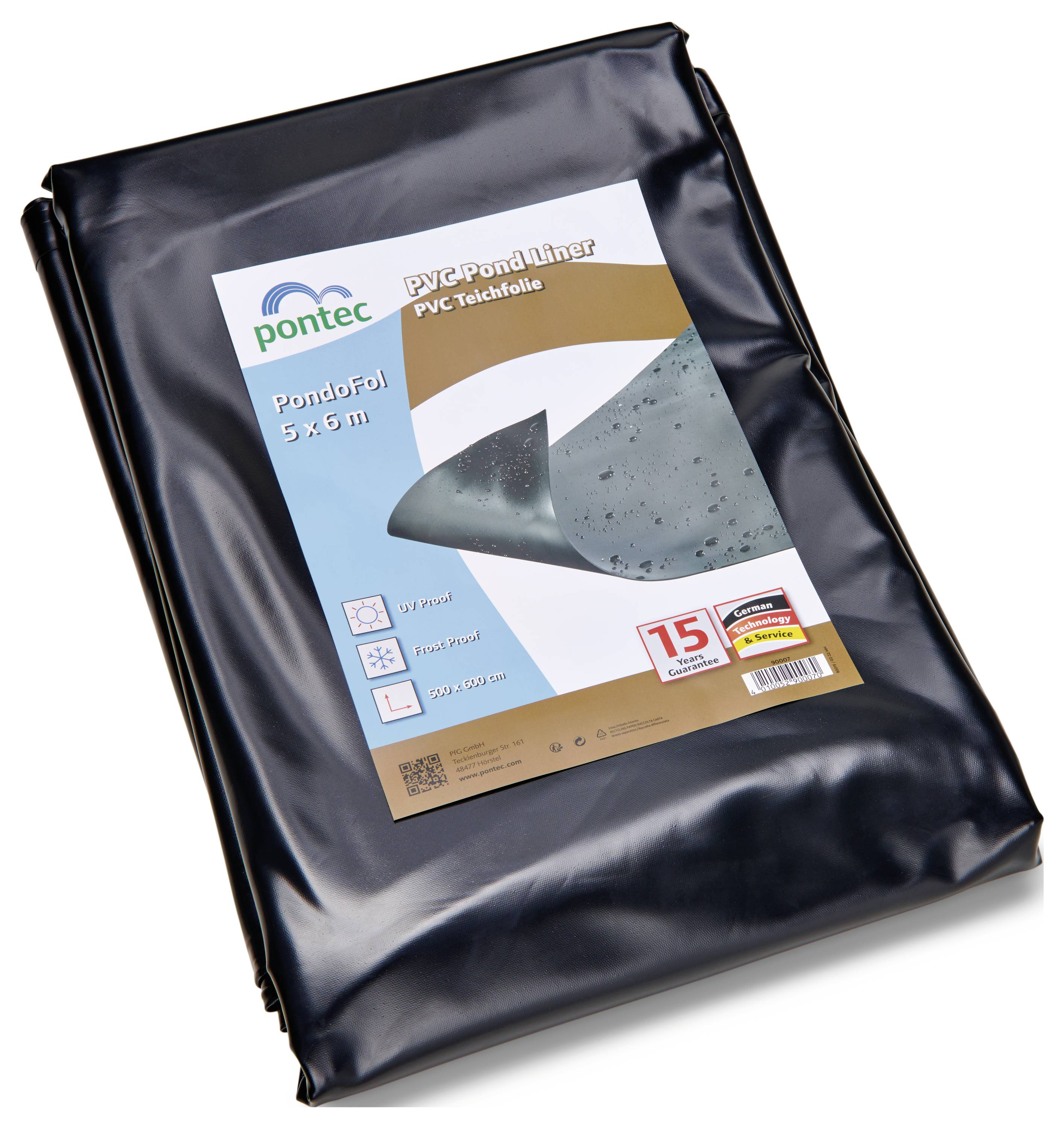 'Pontec PVC Folia do Oczka Wodnego 5x6m, PondFoil, 15-letnia gwarancja, czarna wodoszczelna mata. Odporna na promieniowanie UV i mróz, odpowiednia do stawów.'