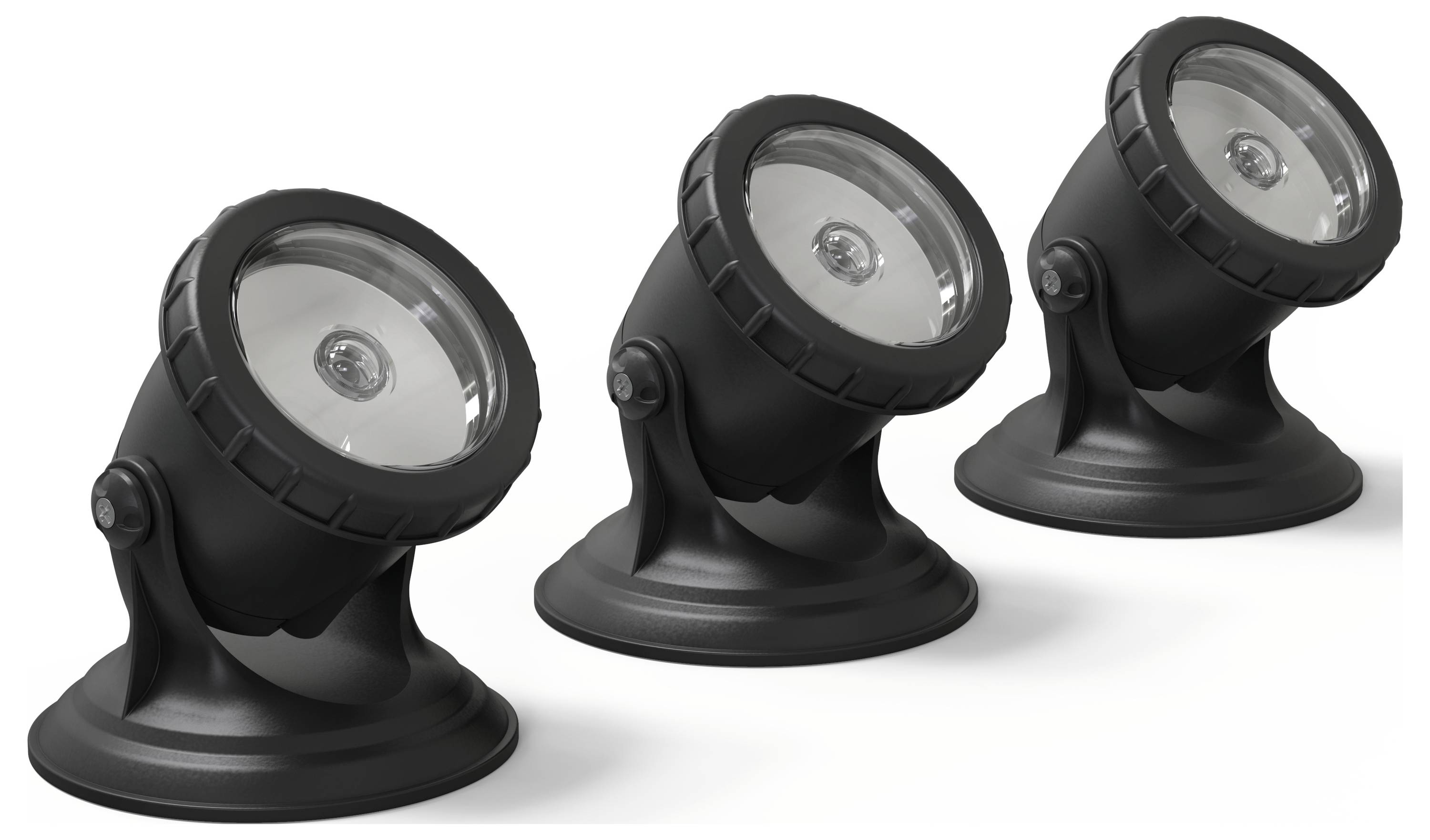 Trzy identyczne czarne reflektory ustawione w rzędzie, każdy na okrągłej podstawie, lekko pochylone do góry, prezentujące swoją stylistykę.