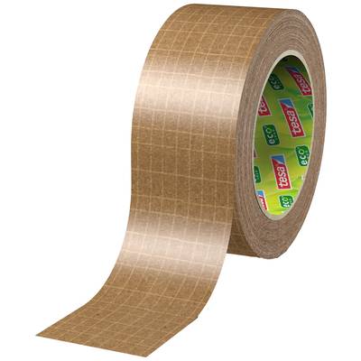 Rolka ultra mocnej papierowej taśmy pakunkowej Tesa, 25m x 50mm, charakteryzuje się ikoną pudełka kartonowego, certyfikatem FSC i etykietą najwyższej jakości.