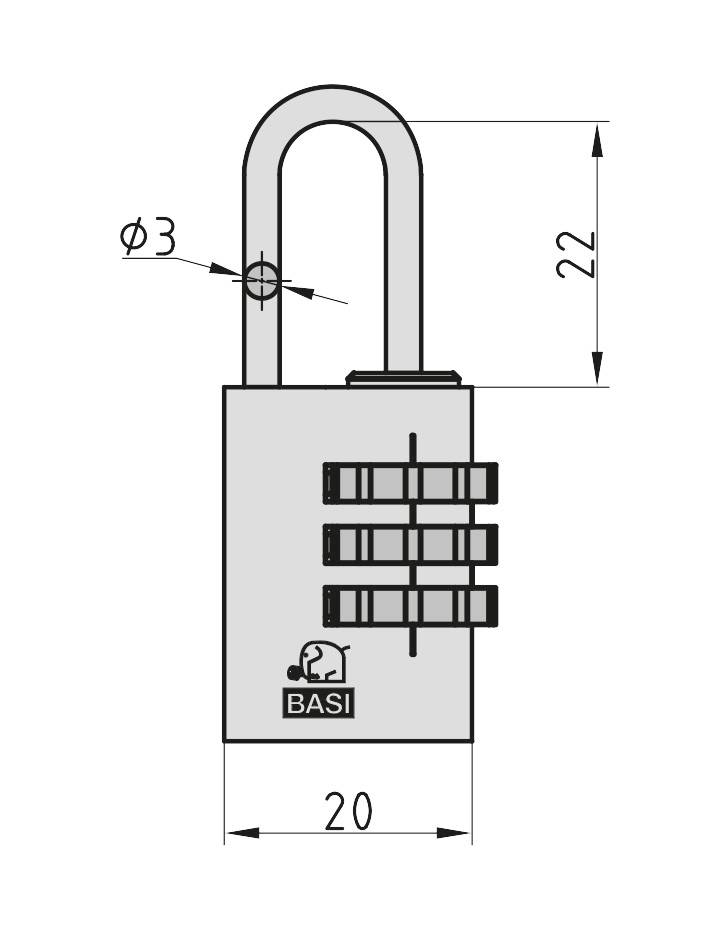 Metalowy zamek z mechanizmem kodowym. Wymiary: szerokość 20 mm, wysokość trzpienia 22 mm, średnica trzpienia 3 mm. Marka 'BASI'.