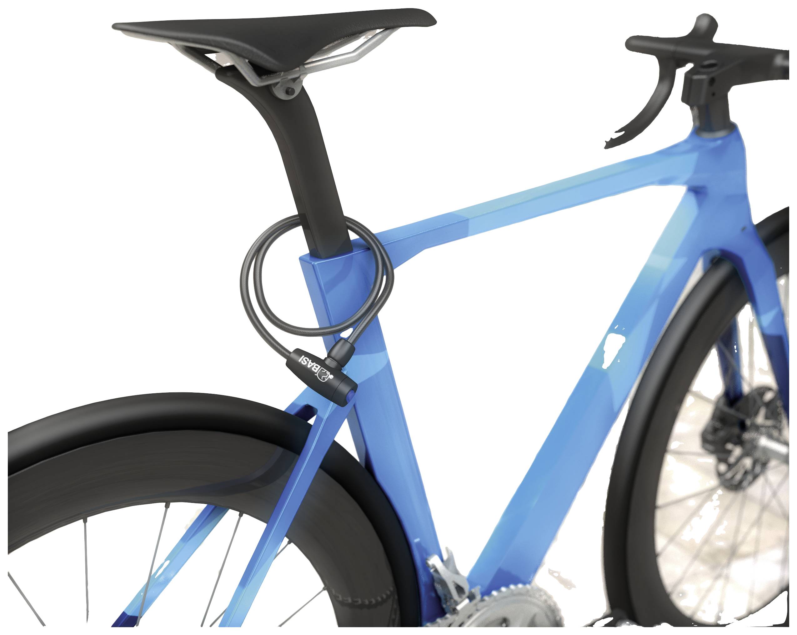 Niebieski rower z linką zabezpieczającą na rurze podsiodłowej. Stoi na białym tle.
