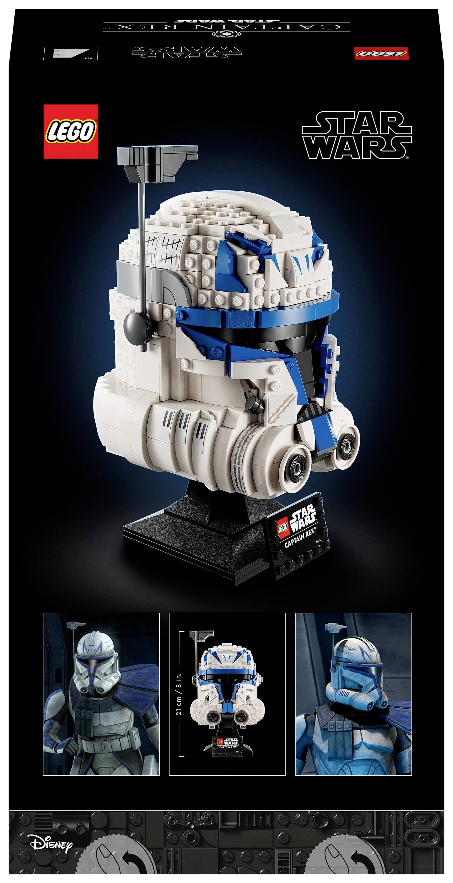 Zestaw klocków LEGO Star Wars przedstawiający hełm dowódcy klonów. Zawiera ilustracje przedstawiające hełm z różnych perspektyw.
