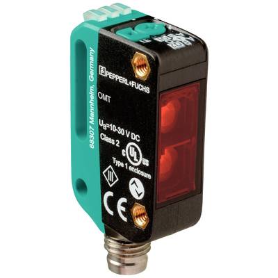 Prostokątny czujnik firmy Pepperl+Fuchs, model OMT, z certyfikatami UL i CE, przeznaczony do zasilania napięciem 10-30 V DC, w obudowie w kolorze zielonym i czarnym.