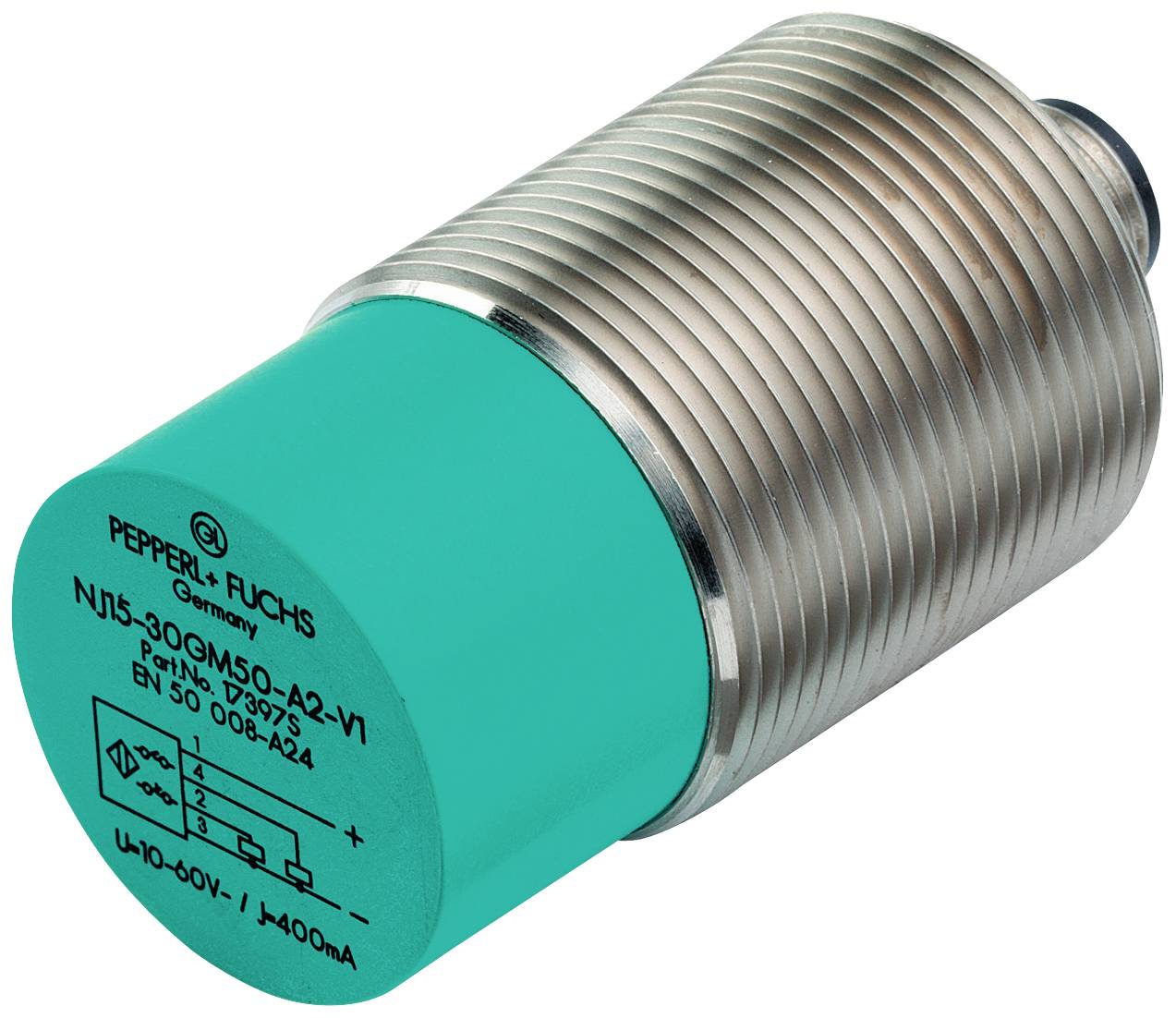 Czujnik przyspieszenia firmy Pepperl+Fuchs, model NJ15-30GM50-A2-V1, w obudowie metalowej z zieloną przednią ścianką.