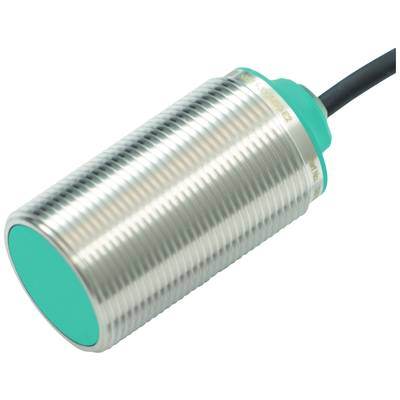 Cylindryczny czujnik zbliżeniowy metalowy z prążkowaną obudową i zielonym zakończeniem, złącze kablowe od góry; do zastosowań przemysłowych.