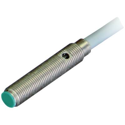 Metalowy czujnik cylindryczny w kolorze zielonym z podłączonym przewodem, przeznaczony do wykrywania obiektów metalowych w zastosowaniach przemysłowych.