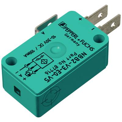 Czujnik Pepperl+Fuchs, model NBB2-V3-E0-VS, 10-30V DC, 100mA, zorientowany z elektrycznymi złączami i logo producenta.