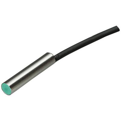 Cylindryczny czujnik zbliżeniowy z metalu z zielonym czołem i czarnym przewodem, skierowany w prawo. Stosowany w technice automatyzacji.