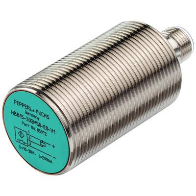 Indukcyjny czujnik zbliżeniowy firmy Pepperl+Fuchs, model NBB15-30GM50-E0-V1, w cylindrycznej metalowej obudowie z podłączeniem.