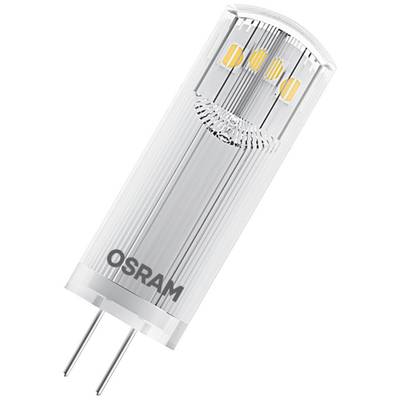 Cylindryczna lampa LED firmy OSRAM z dwoma metalowymi stykami na dolnym końcu, przeznaczona do opraw G4.