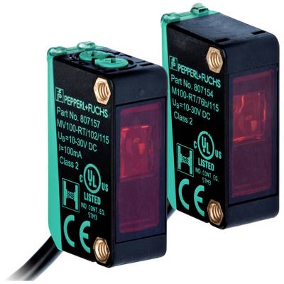Dwa elektroniczne sensory firmy Pepperl+Fuchs, modele 807157 i 807154, posiadające certyfikat UL i oznaczenie CE.