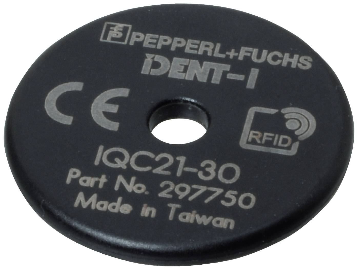 Znacznik RFID 'PEPPERL+FUCHS IDENT-I', model IQC21-30, numer części 297750, wyprodukowany na Tajwanie, z symbolami CE i RFID.