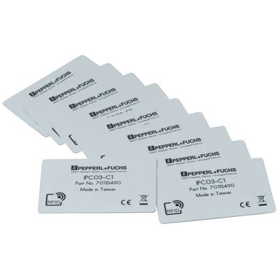 Osiem białych kart RFID firmy Pepperl+Fuchs, model PC03-C1, o numerze katalogowym 70113490, ułożonych w dwóch przesunętych rzędach.