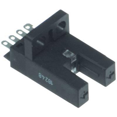 Czujnik optoelektroniczny w kształcie litery U, w czarnej obudowie z sześcioma pinami, stosowany do wykrywania przerw lub obiektów.