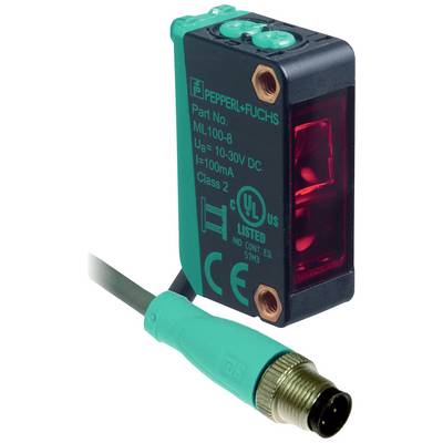 Prostokątny czujnik firmy Pepperl+Fuchs, model ML100-8, z czerwonym światłem i przyłączem kablowym. Napięcie 10-30V DC, prąd 100mA.